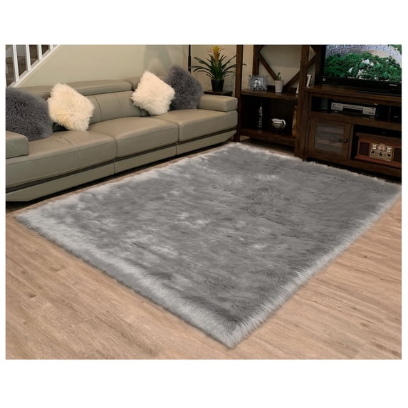 Ghouse Rectangular Grey Area Rug 5x6.7 feet, Thick and Fluffy Faux Sheepskin Machine Washable Rectangular Plush Carpet, Faux Sheepskin Rug for Living Room, Bedroom, Kids Room