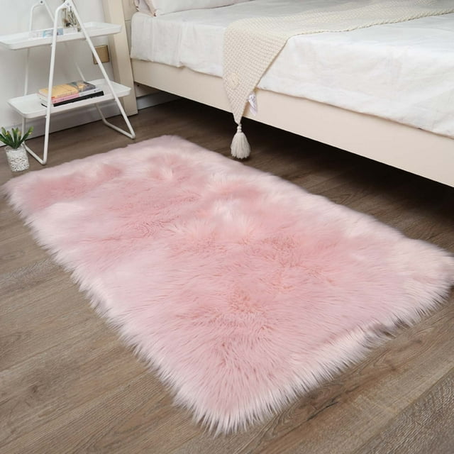 Ghouse Rectangular Pink Area Rug 3x4 feet, Thick and Fluffy Faux Sheepskin Machine Washable Rectangular Plush Carpet, Faux Sheepskin Rug for Living Room, Bedroom, Kids Room