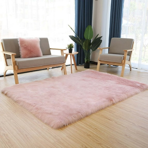 Ghouse Rectangular Pink Area Rug 3x5 feet, Thick and Fluffy Faux Sheepskin Machine Washable Rectangular Plush Carpet, Faux Sheepskin Rug for Living Room, Bedroom, Kids Room