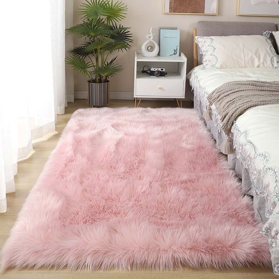 Ghouse Rectangular Pink Area Rug 5x8 feet, Thick and Fluffy Faux Sheepskin Machine Washable Rectangular Plush Carpet, Faux Sheepskin Rug for Living Room, Bedroom, Kids Room