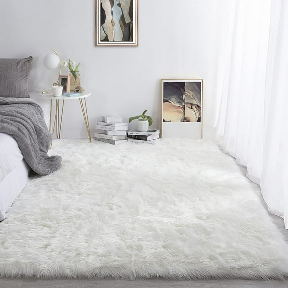 Ghouse Rectangular White Area Rug 6.7x10 feet, Thick and Fluffy Faux Sheepskin Machine Washable Rectangular Plush Carpet, Faux Sheepskin Rug for Living Room, Bedroom, Kids Room