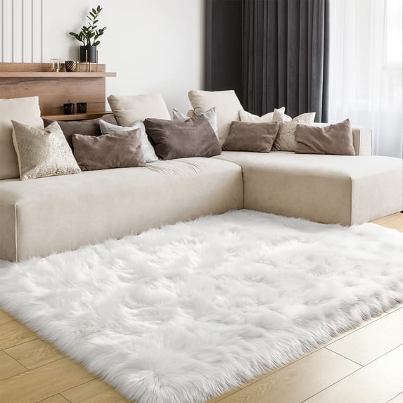 Ghouse Rectangular White Area Rug 6x8 feet, Thick and Fluffy Faux Sheepskin Machine Washable Rectangular Plush Carpet, Faux Sheepskin Rug for Living Room, Bedroom, Kids Room