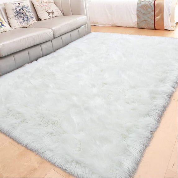 Ghouse Rectangular White Area Rug 8x10 feet, Thick and Fluffy Faux Sheepskin Machine Washable Rectangular Plush Carpet, Faux Sheepskin Rug for Living Room, Bedroom, Kids Room