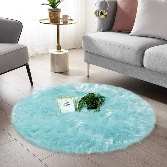 Ghouse Round Blue Area Rug 3 feet, Thick and Fluffy Faux Sheepskin Machine Washable Circle Plush Carpet, Faux Sheepskin Rug for Living Room, Bedroom, Kids Room