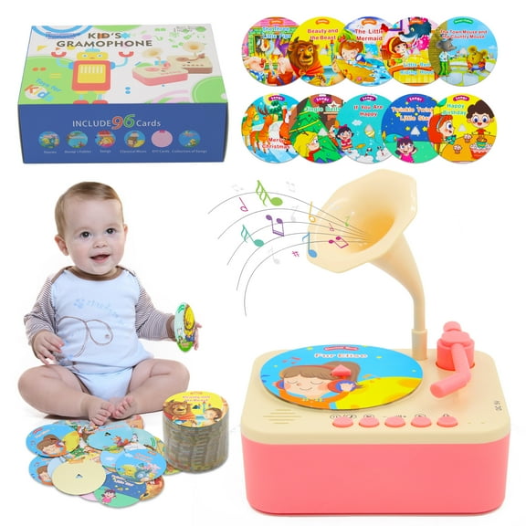 Kids Record Player with 96 Cards, Toddler Music Player, Storytelling Kids Phonograph for Boys and Girls Age 3+, Toddler Toys for Early Learning (Pink)