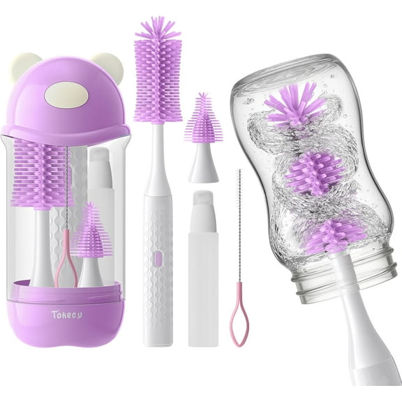 Ghp Electric Bottle Brush Cleaner Set, Bear-Shaped Travel Baby Bottle Cleaner Kit with Silicone Nipple & Straw Brush, Soap Dispenser, Drainage Rack, Storage Box(Purple)