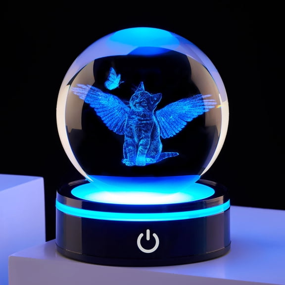 Ghtixsu 3D Crystal Cat and Butterfly Figurines Ball with Colorful Light Base, Meaningful Gifts for Women Men,Birthday Gifts for Cat Lover, Animal Collection for Home Decor A101