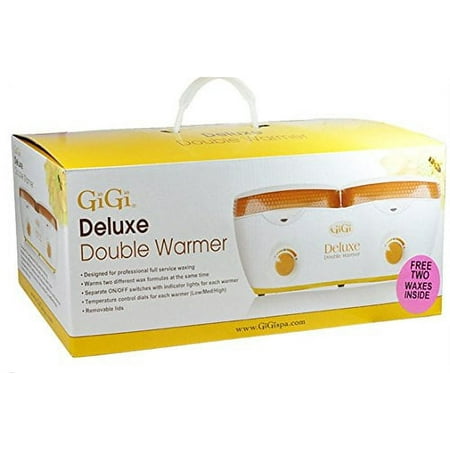 GiGi Deluxe Double Warmer With Two Free Waxes. Warms two different wax formulas at the same time. Tempersture control dials for each warmer (Low/Med/High)