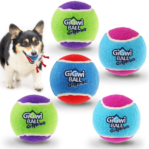 Gigwi Tennis Balls for Dogs, Squeaky Dog Tennis Balls for Exercise, High Bouncy Pet Ball Bright Colors 2.5 inches, Interactive Funny Dog Toys for All Breeds of Dogs Indoor & Outdoor Games, 5 Pack
