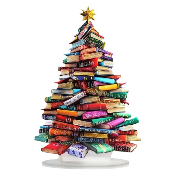 ​​GiLiling 25cm Tall 2D Printed Book Stack Christmas Tree​​ | Festive Tabletop Ornament for Holiday Home Decoration and Literary-Themed Seasonal Displays