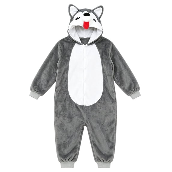 GiLiling Animal Hooded Charactertume for Kids Boys and Girls Flannel Onesie Halloween Character One Piece Husky Clothes (Grey, 7-8 Years)