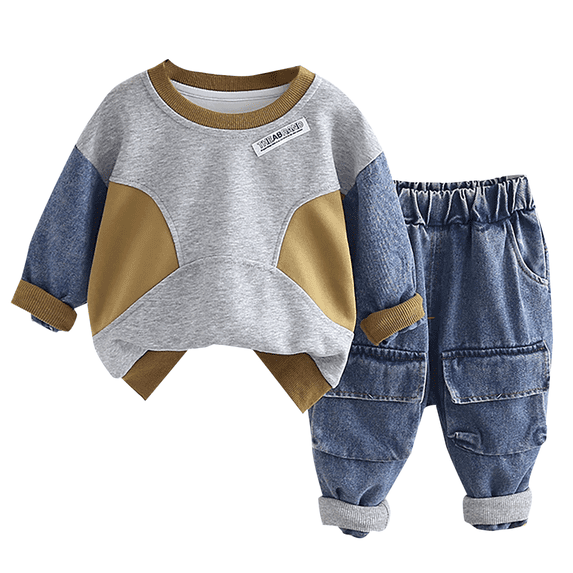 GiLiling Baby Boy Casual Outfit Set - Long Sleeve Pullover Sweater and Jogger Denim Pants, 2 Piece Clothes (Green, 12-18 Months)