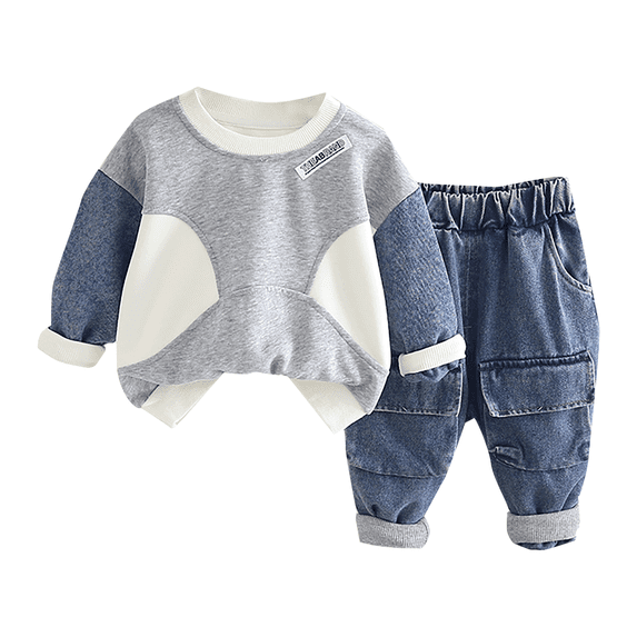 GiLiling Baby Boy Casual Outfit Set - Long Sleeve Pullover Sweater and Jogger Denim Pants, 2 Piece Clothes (White, 12-18 Months)