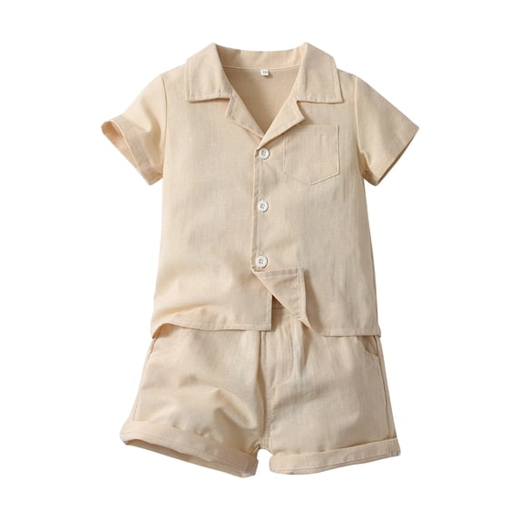 GiLiling Baby Boy Linen Outfit Set with Short Sleeve Button Down Shirt and Shorts for Summer Casual Daily Wear (Beige, 2 Years)