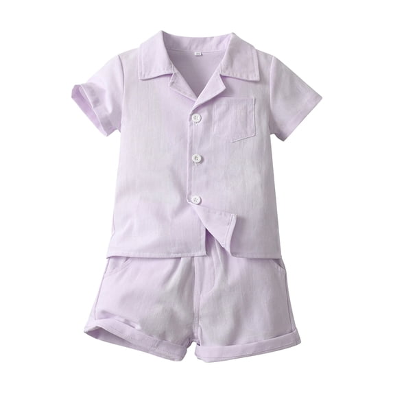 GiLiling Baby Boy Linen Outfit Set with Short Sleeve Button Down Shirt and Shorts for Summer Casual Daily Wear (Purple, 5 Years)