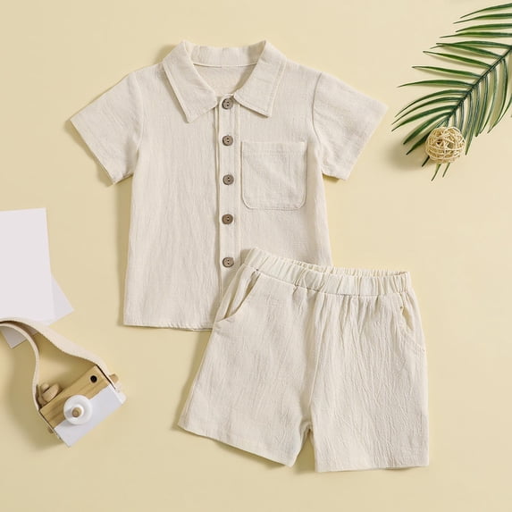 GiLiling Baby Boys Cotton Linen Outfit Solid Color Set Short Sleeve Button Down Tops and Shorts Summer Clothes (Beige, 3-4 Years)
