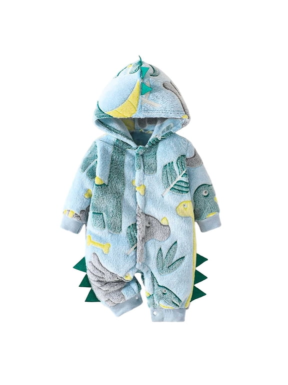 Baby Boys Dinosaur Outfit Fleece Bodysuit Infant One Piece Hooded Button Romper Outerwear Jumpsuit Toddler Jackets (Green, 3-6 Months)