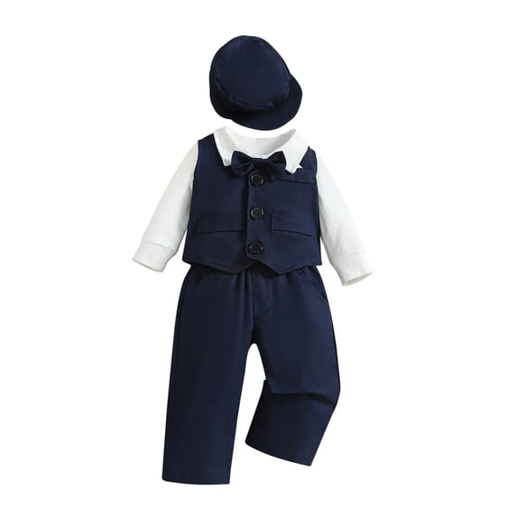 GiLiling Baby Boys Formal Outfit Set with Shirt, Vest, Pants and Hat for Weddings, Parties and Special Family Events (Blue, 18-24 Months)