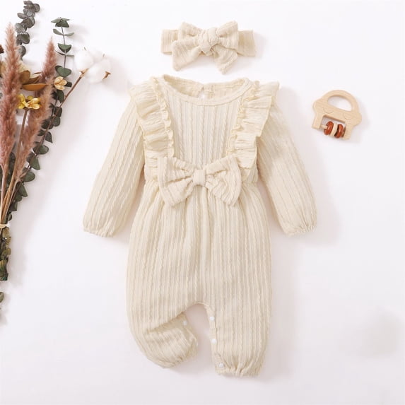 GiLiling Baby Girl Romper Infant Fall Winter Clothes Ruffle Sweater Long Sleeve Bodysuit Jumpsuit and Headband (Beige, 9-12 Months)