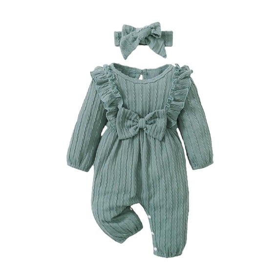 GiLiling Baby Girl Romper Infant Fall Winter Clothes Ruffle Sweater Long Sleeve Bodysuit Jumpsuit and Headband (Green, 6-9 Months)