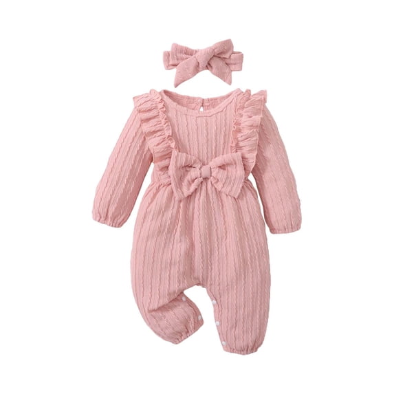GiLiling Baby Girl Romper Infant Fall Winter Clothes Ruffle Sweater Long Sleeve Bodysuit Jumpsuit and Headband (Pink, 3-6 Months)