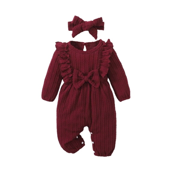 GiLiling Baby Girl Romper Infant Fall Winter Clothes Ruffle Sweater Long Sleeve Bodysuit Jumpsuit and Headband (Wine, 12-18 Months)