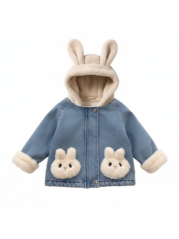 Baby Girls Bunny Ear Hoodie Jacket, Sherpa Fleece Lined Zip Up Coat, Warm Long Sleeve Outerwear for Cold Fall Winter (Blue, 12-18 Months)