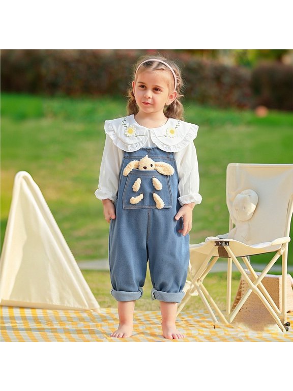 Baby Girls Easter Bunny Romper Denim Overalls with Ears Pompom Wide Leg Suspender Outfit (White, 3-4 Years)