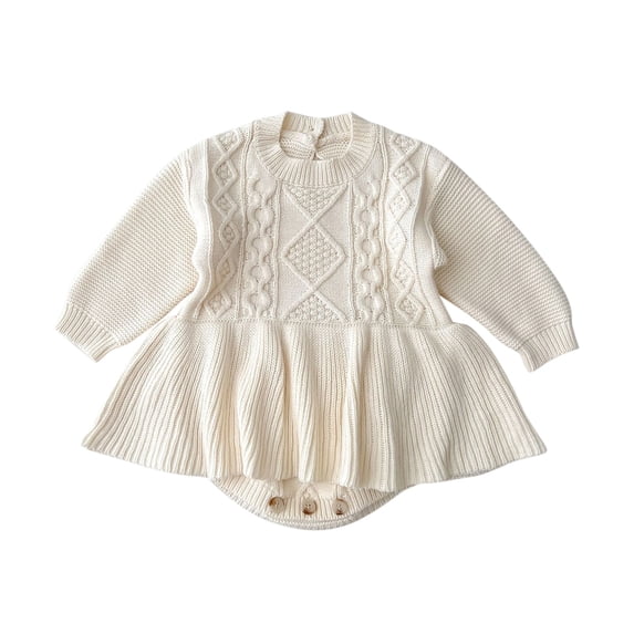 GiLiling Baby Girls Knit Romper Dress - Solid Long Sleeve Sweater Bodysuit for Cozy Home and Stroller Days (White, 9-12 Months)