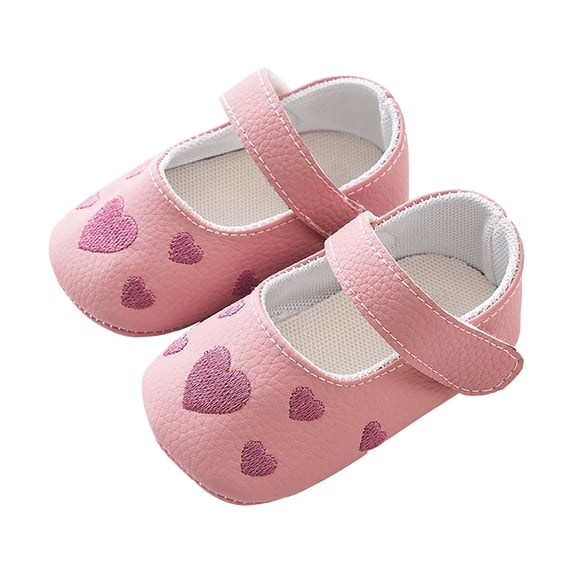 GiLiling Baby Girls Mary Jane Crib Shoes, Heart Embroidered Faux Leather Flats with Hook-and-Loop Strap, Soft Non-Slip Footwear for Pre-Walkers Special Occasions (Pink, 9-12 Months)