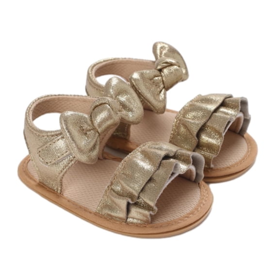 GiLiling Baby Girls Open-Toe Sandals with Ruffle Bowknot Frill Straps, Soft Breathable Flat Shoes for Summer Casual Wear (Gold, 9-12 Months)