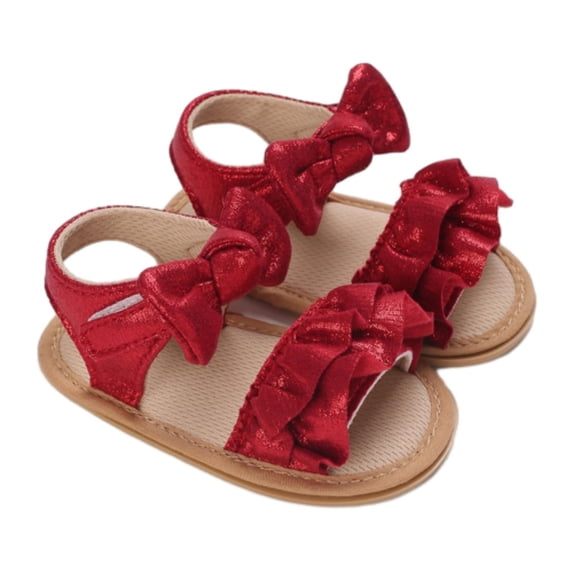 GiLiling Baby Girls Open-Toe Sandals with Ruffle Bowknot Frill Straps, Soft Breathable Flat Shoes for Summer Casual Wear (Red, 9-12 Months)