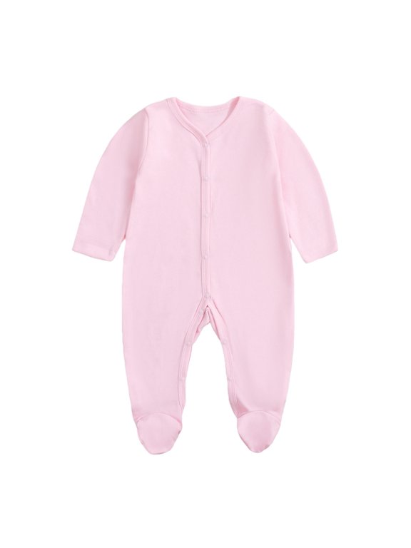 Baby Girls and Boys Outfit Infant Cotton Long Sleeve Newborn Romper Button Down Unisex Footie Jumpsuit (Pink, 3-6 Months)