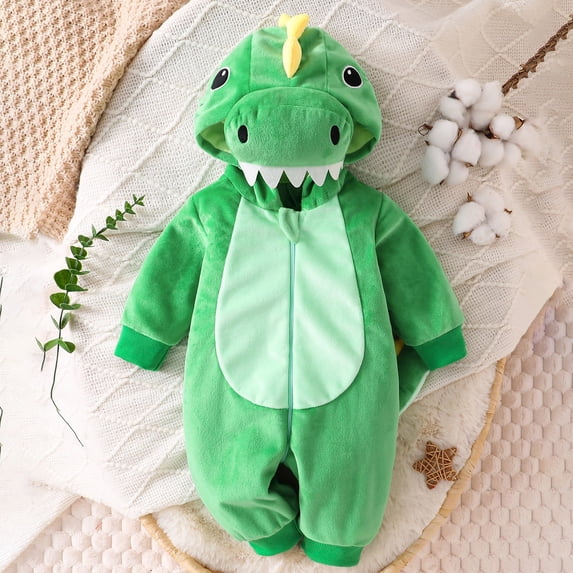GiLiling Baby Plush Halloween Dinosaur Winter Jumpsuit with Tail, Attached Tail, Front Zipper, Kids Halloween Holiday Party Wear (Green-B, 3-6 Months)