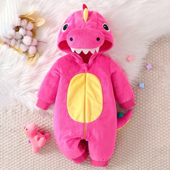 GiLiling Baby Plush Halloween Dinosaur Winter Jumpsuit with Tail, Attached Tail, Front Zipper, Kids Halloween Holiday Party Wear (Hot Pink, 3-6 Months)