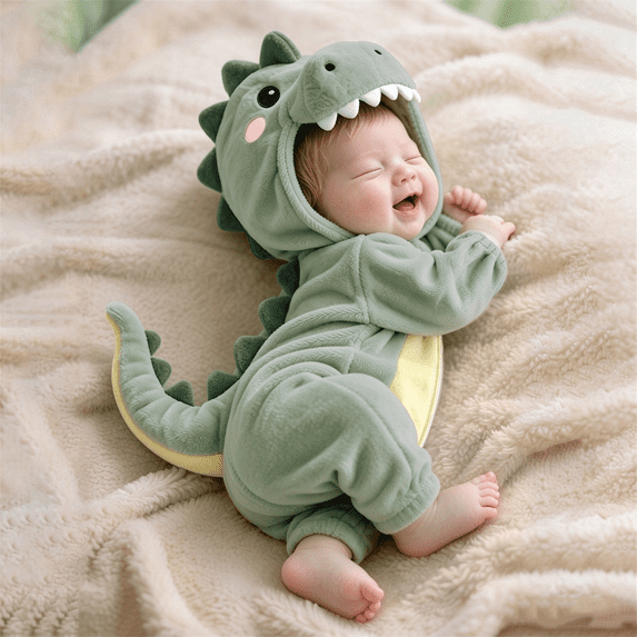 GiLiling Baby Plush Halloween Dinosaur Winter Jumpsuit with Tail, Attached Tail, Front Zipper, Kids Halloween Holiday Party Wear (Green, 9-12 Months)