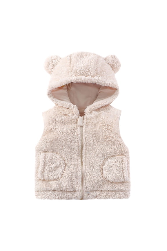 Baby Polar Fleece Hooded Vest Cute Bear Ear Sleeveless Casual Waistcoat Toddler Lightweight Warm Jacket (Beige, 12-18 Months)