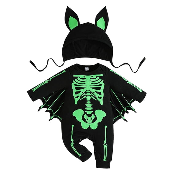 GiLiling Baby Skeleton Bat Costume Set with Hat for Boys Girls, Glow Infant Romper with Wings, Halloween Newborn Outfit for Cosplay Photos