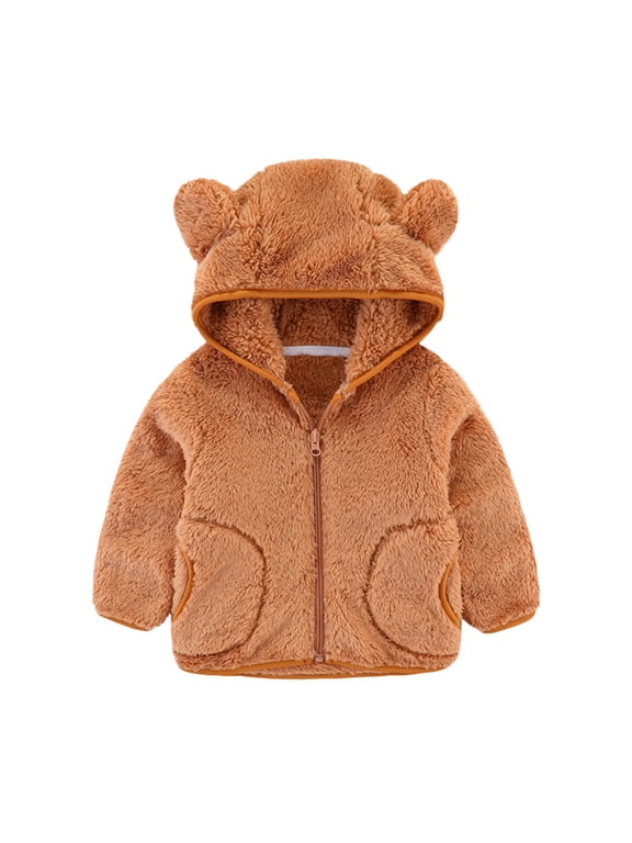 Baby Toddler Fleece Jacket with Hood Cute Bear Coats Hoodies Fall Winter Solid Jackets Infant Boys Girls Clothes (Brown, 1-2 Years)