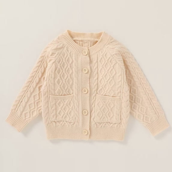 GiLiling Baby Toddler Girls Solid Color Cable Knit Cardigan Long Sleeve Crewneck Chunky Crochet Open Front with Pockets Fall Winter Sweater (Beige, 3-6 Months)