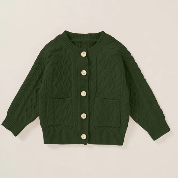 GiLiling Baby Toddler Girls Solid Color Cable Knit Cardigan Long Sleeve Crewneck Chunky Crochet Open Front with Pockets Fall Winter Sweater (Blackish Green, 6-12 Months)