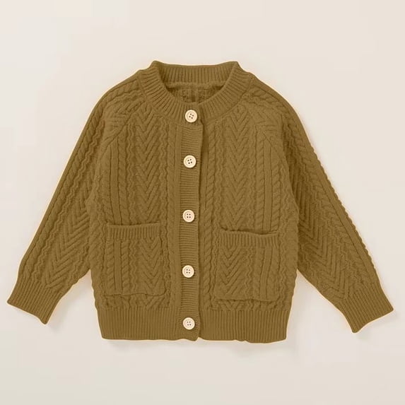 GiLiling Baby Toddler Girls Solid Color Cable Knit Cardigan Long Sleeve Crewneck Chunky Crochet Open Front with Pockets Fall Winter Sweater (Coffee, 3-6 Months)