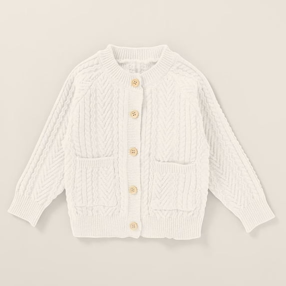 GiLiling Baby Toddler Girls Solid Color Cable Knit Cardigan Long Sleeve Crewneck Chunky Crochet Open Front with Pockets Fall Winter Sweater (White, 3-6 Months)