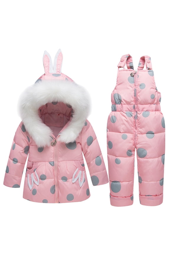 Baby Winter Snowsuit Set - Bunny Ear Puffer Jacket and Snow Bib Pants, 2 Piece Warm Ski Outfit (Pink, 2-3 Years)