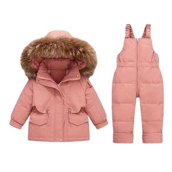 GiLiling Baby Winter Snowsuit Set - Faux Fur Hooded Puffer Jacket and Ski Bib Pants, 2 Piece Outfit (Red, 12-18 Months)