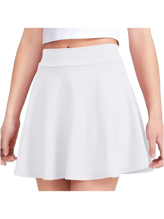 Back to School Uniform Skirts for Girls Elastic High Waisted Stretchy Skater Skort with Short Kids A-Line Casual Skirt (White, 5-6 Years)