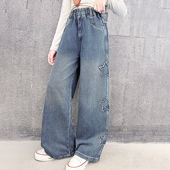 GiLiling Baggy Carpenter Jeans for Boys and Girls, Wide Leg Cargo Pocket Denim Pants, Elastic High Waist Y2K Vintage Casual Wear (Blue, 9-10 Years)