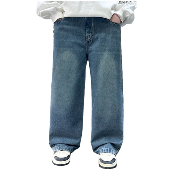GiLiling Baggy Carpenter Jeans for Boys and Girls, Wide Leg Cargo Pocket Denim Pants, Elastic Waist Y2K Vintage Style (Blue, 11-12 Years)