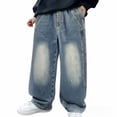 thumbnail image 1 of GiLiling Baggy Jeans for Boys and Girls, Wide Leg High Elastic Waist Y2K Vintage Wash Denim Pants, Loose Cargo Streetwear (Blue, 5-6 Years), 1 of 8