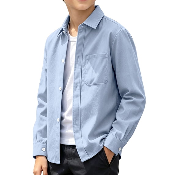 GiLiling Boys Denim Shirt Long Sleeve Button Shacket Western Shirts Regular Fit Cowboy Casual Lightweight Blouse (Blue, E)